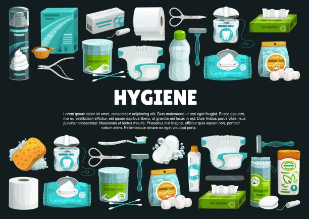 ilustraciones, imágenes clip art, dibujos animados e iconos de stock de banner vectorial de productos y herramientas de higiene personal - hygienic pad