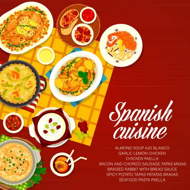 Vector illustration of Spanish cuisine vector menu cover, Spain dishes