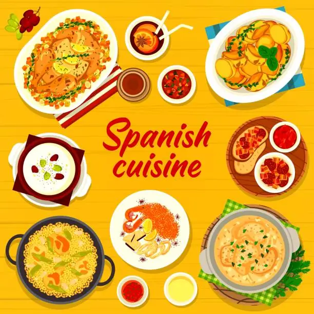 Vector illustration of Spanish cuisine vector menu cover, Spain meals