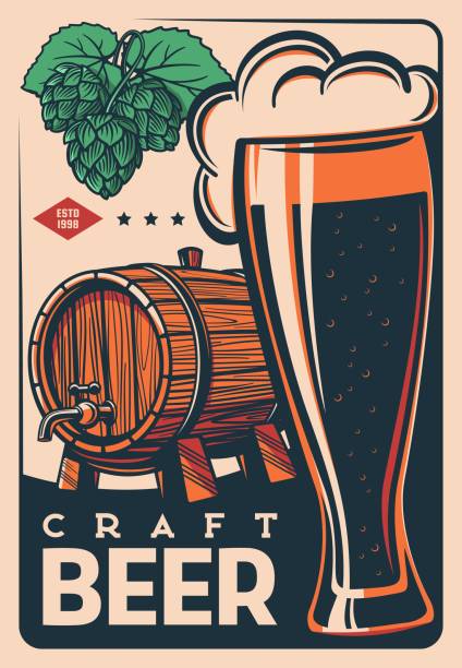 Beer retro vintage poster, barrel and pint glass Craft beer barrel retro poster, brewery and pub bar alcohol drinks, vector. Beer vintage poster with glass mug or pint of ale or draught beer from barrel for Beer Fest festival or brewery tavern german beer stock illustrations