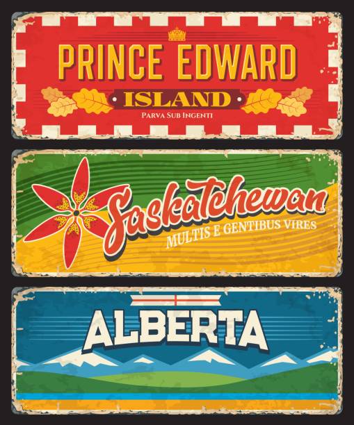 프린스 에드워드 아일랜드, 서스캐처원, 앨버타 플레이트 - alberta flag canada province stock illustrations