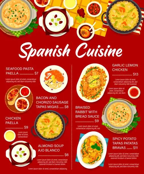 Vector illustration of Spanish cuisine vector menu Spain meals price list