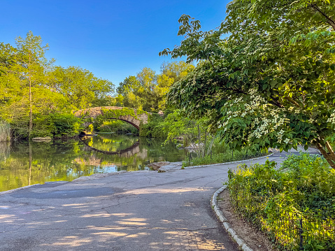 Gapstow Bridge in Central Park in late spring in the morning