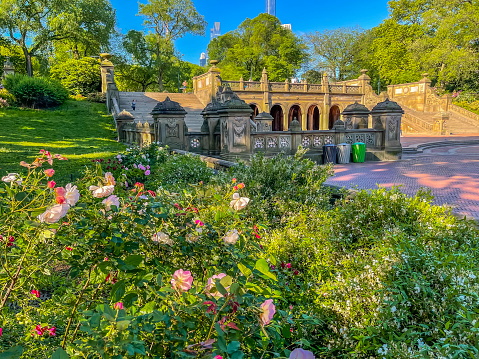 Bethesda Terrace and Fountain are two architectural features overlooking The Lake in New York City's Central Park.