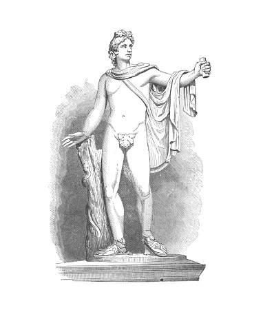A vintage antique engraving illustration, of a Greek male statue, holding a scroll and wearing a cloak, from the book Animal Kingdom With It's Wonders and Curiosities, published 1880..