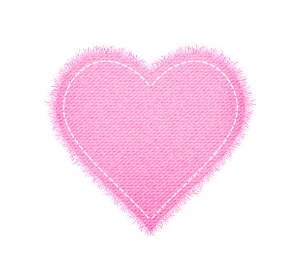 ilustrações, clipart, desenhos animados e ícones de denim rosa forma coração com costura. mancha jeans rasgada com pontos. ilustração realista vetorial em fundo branco - sewing sewing item thread equipment