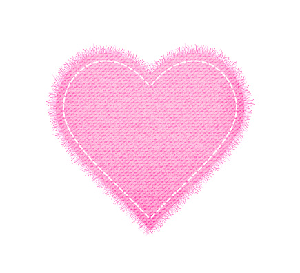 Denim pink heart shape with seam. Torn jean patch with stitches. Vector realistic illustration on white background.