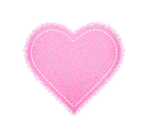 Denim pink heart shape with seam. Torn jean patch with stitches. Vector realistic illustration on white background Denim pink heart shape with seam. Torn jean patch with stitches. Vector realistic illustration on white background. Frayed stock illustrations