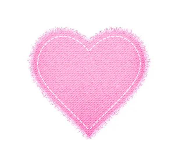 Vector illustration of Denim pink heart shape with seam. Torn jean patch with stitches. Vector realistic illustration on white background