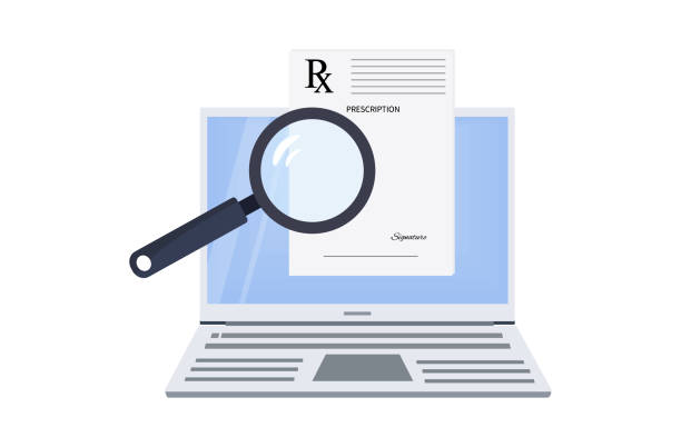 ilustrações de stock, clip art, desenhos animados e ícones de prescription rx online. electronic digital search or signing of a medical recipe over the internet. document form on laptop screen with magnifying glass for prescribing medicines. vector illustration - note pad medicine healthcare and medicine pharmacy