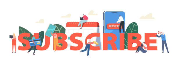 Subscribe Concept. Characters Use Internet Subscription Service, Working on Laptop, Paying with Bank Card at Smartphone Subscribe Concept. Characters Use Internet Subscription Service, Working on Laptop, Paying with Bank Card Stand at Huge Smartphone, Calendar Poster, Banner or Flyer. Cartoon People Vector Illustration monthly-subscription stock illustrations