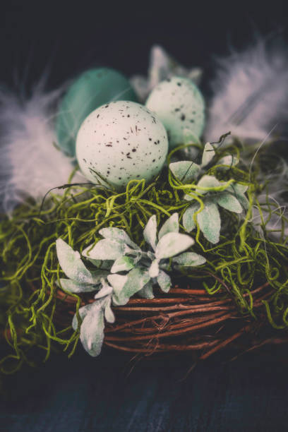 istock Easter still life. Bird's nest with green colored eggs, moss and feathers. 1322416468