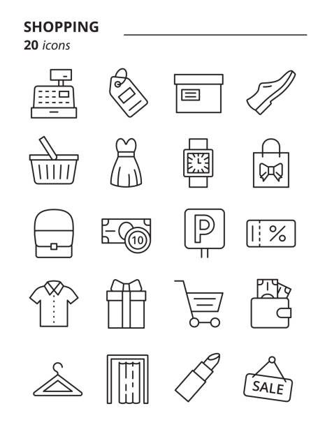 ilustrações de stock, clip art, desenhos animados e ícones de e-commerce, shopping - icons set. simple line web symbols. - auction interface icons push button buy
