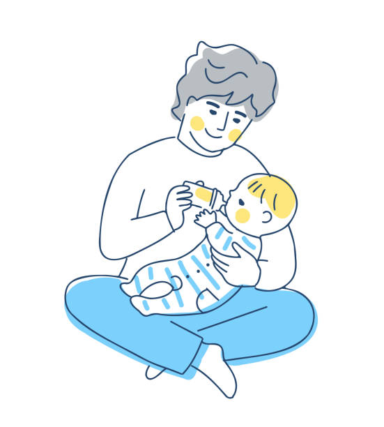 ilustrações, clipart, desenhos animados e ícones de papai alimentando um leite de bebê - stay at home dad