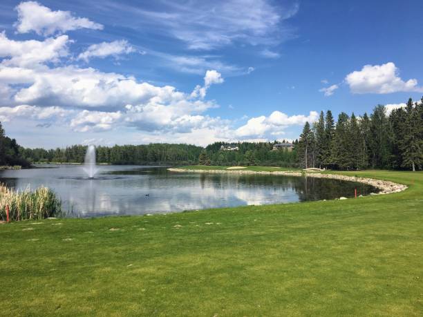 une belle vue sur un trou de golf par 4 entouré d’un lac géant et d’une fontaine. le trou panoramique nécessite une approche au-dessus de l’eau et est également entouré de forêt. à innisfail, alberta, canada - red deer, alberta photos et images de collection