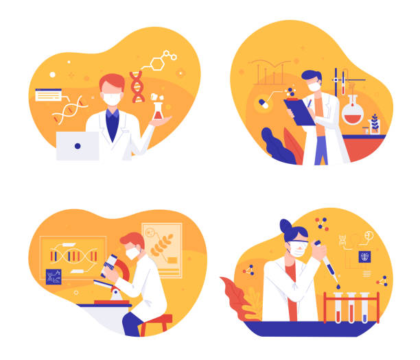 Researchers in the laboratory. Scientists in the laboratory are studying genetic cells. flat design style minimal vector illustration. life science lab stock illustrations