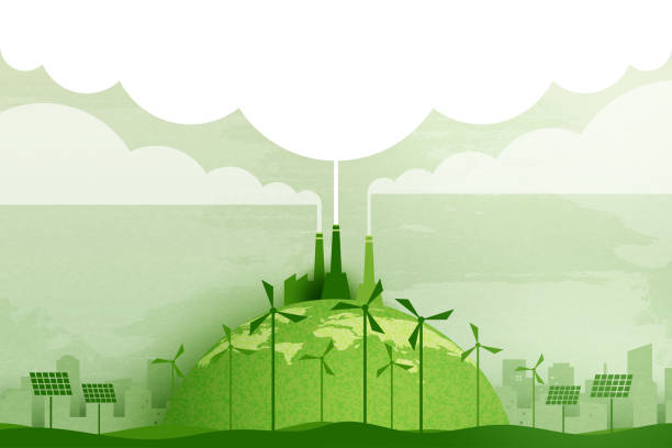 ilustraciones, imágenes clip art, dibujos animados e iconos de stock de industria verde y energías renovables alternativas. fondo verde paisaje urbano ecológico. paper art of ecology and environment concept. - cambio climatico
