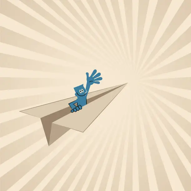 Vector illustration of The blue man flying a Paper Airplane and moving toward the goal