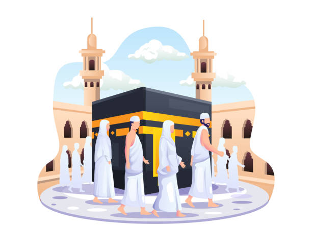 Islamic hajj pilgrimage. People are walking around the Kaaba vector illustration Islamic hajj pilgrimage. People are walking around the Kaaba. Flat vector illustration hajj stock illustrations