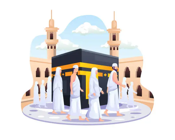 Vector illustration of Islamic hajj pilgrimage. People are walking around the Kaaba vector illustration