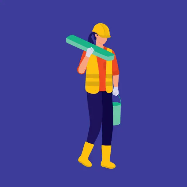 Vector illustration of Construction Woman Carrying Wooden Plank On Shoulder. Industrial And Manufacturing Occupation Concept. Vector Illustration Flat Cartoon.