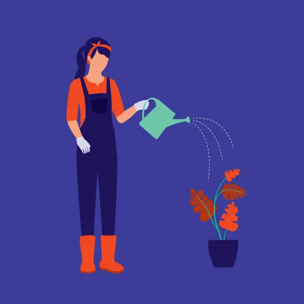 Vector illustration of Female Gardener Watering Plant. Agriculture Occupation Concept. Vector Illustration Flat Cartoon.