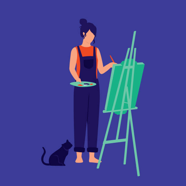 Woman Artist Drawing On Canvas With Easel. Creative Occupation Concept. Vector Illustration Flat Cartoon. Female Painter Painting. workshop art studio art paint stock illustrations