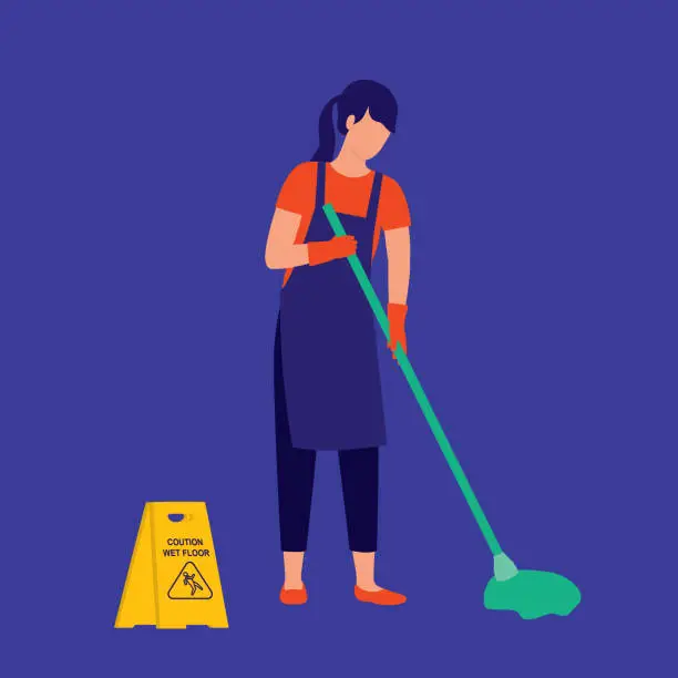 Vector illustration of Woman Janitor Mopping Floor. Cleaning Service Occupation Concept. Vector Illustration Flat Cartoon.
