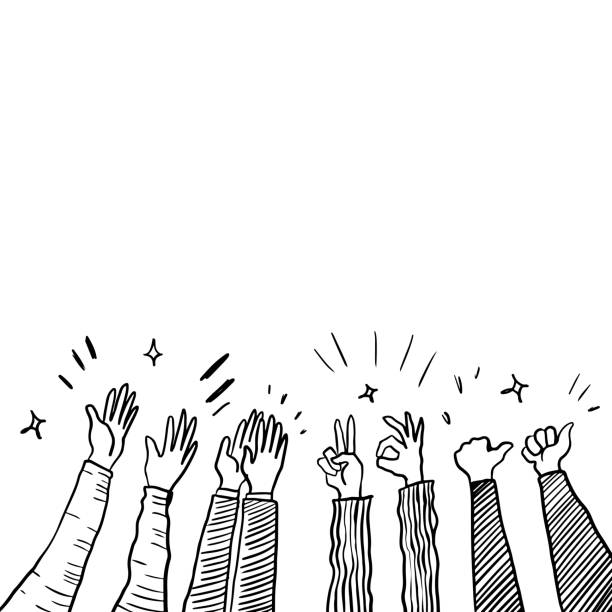 ilustraciones, imágenes clip art, dibujos animados e iconos de stock de dibujo a mano estilo de boceto de aplausos, gesto de pulgares hacia arriba. manos humanas aplaudiendo ovación. en estilo doodle, ilustración vectorial. - saludar ilustraciones