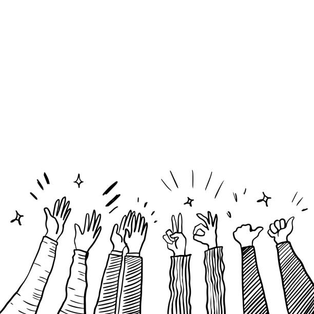 ilustrações de stock, clip art, desenhos animados e ícones de hand drawn sketch style of applause, thumbs up gesture. human hands clapping ovation. on doodle style, vector illustration. - star pattern