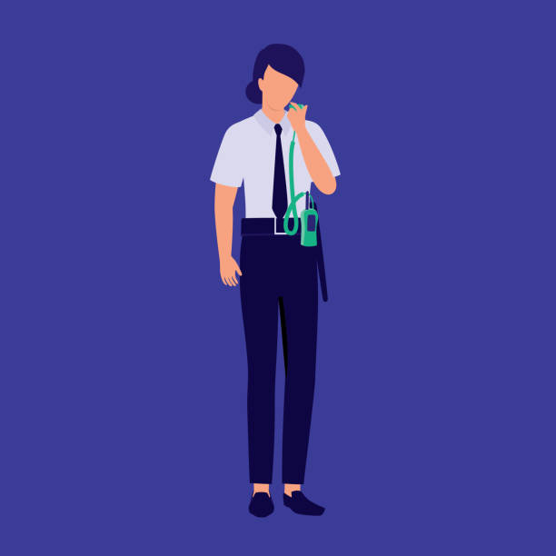 ilustraciones, imágenes clip art, dibujos animados e iconos de stock de mujer guardia de seguridad hablando en walkie-talkie. concepto de ocupación de seguridad. vector ilustración flat cartoon. - mujer guardia de seguridad