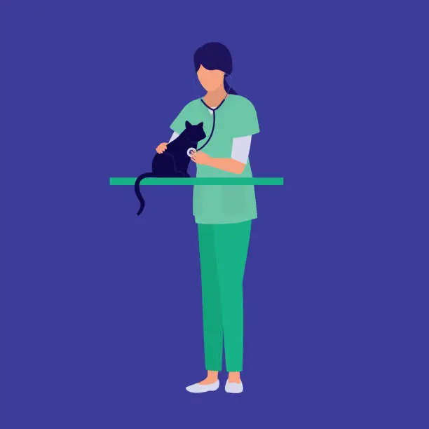 Vector illustration of Woman Veterinarian With Stethoscope Examining Cat. Medical And Healthcare Occupation Concept. Vector Illustration Flat Cartoon.