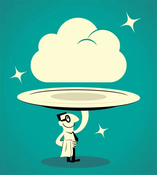 Vector illustration of Smiling waiter carrying a huge plate with a cloud above it