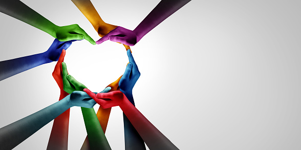 Hand heart community and diverse unity and diversity partnership as hands in a group of different people connected together shaped as a support symbol expressing the feeling of teamwork and togetherness in a 3D illustration style.