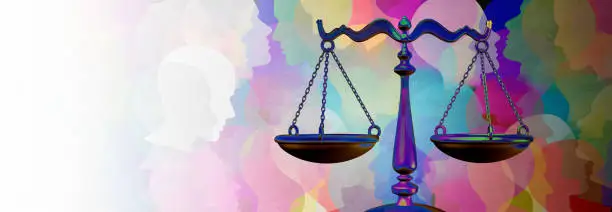 Social justice equality rights as a crowd of diverse people with a law symbol representing community legislation and  an equal right or legal lawyer icon with 3D illustration elements.