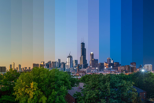 Downtown Chicago Cityscape - Day to Night Time Slice