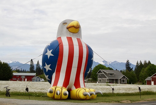 A gigantic inflated American eagle on the side of the road to commemorate Memorial Day
