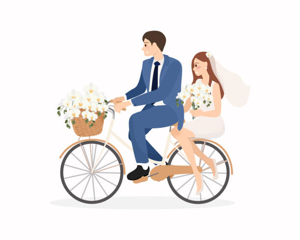 istock beautiful young just married wedding couple ride bicycle isolated on white background 1322433920