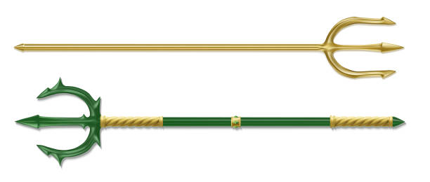 Poseidon tridents, marine God Neptune weapons Poseidon tridents, marine God Neptune weapon, gold and green colored sharp pitchforks decorated with ornamental forgery and gems. Isolated forks on white background. Realistic 3d vector illustration neptune fork stock illustrations
