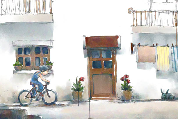 digital watercolor illustration painting of boy rides a bicycle along the alley. digital watercolor illustration painting of boy rides a bicycle along the alley. cycling bicycle pencil drawing cyclist stock illustrations