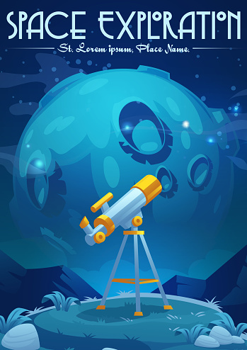 Space exploration cartoon poster with telescope stand on hill under starry sky with Moon. Science discovery and astronomy studying. Equipment for watching stars and planets in galaxy vector banner