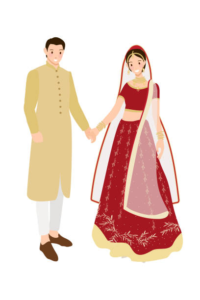 beautiful Indian couple bride and groom in traditional wedding sari dress eps10 vec beautiful Indian couple bride and groom in traditional wedding sari dress eps10 vec ceremony illustrations stock illustrations