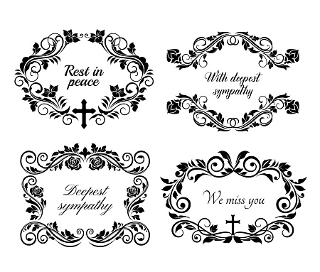 Funeral and obituary condolence frames and RIP flowers wreath, vector floral cards. Funeral Rest in Peace, Deepest Sympathy and We Miss You, loving memory black cross and roses on memorial ribbons