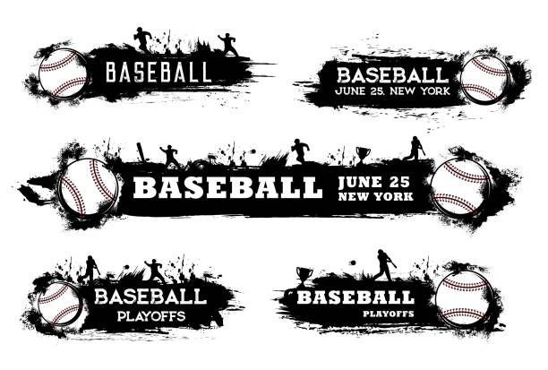 Baseball playoff banner, softball sport tournament Baseball playoff banners and softball sport tournament vector flags. Baseball team and league championship playoff flags with players, ball and victory cup on black halftone background bat silouette illustration stock illustrations