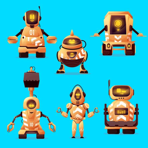 Robot road worker cartoon characters Robot road worker characters with cartoon vector artificial intelligence bots. Robots, android bots, cyborgs and droids with road construction and repair equipment, manipulator arms and excavator boom robot-legs stock illustrations