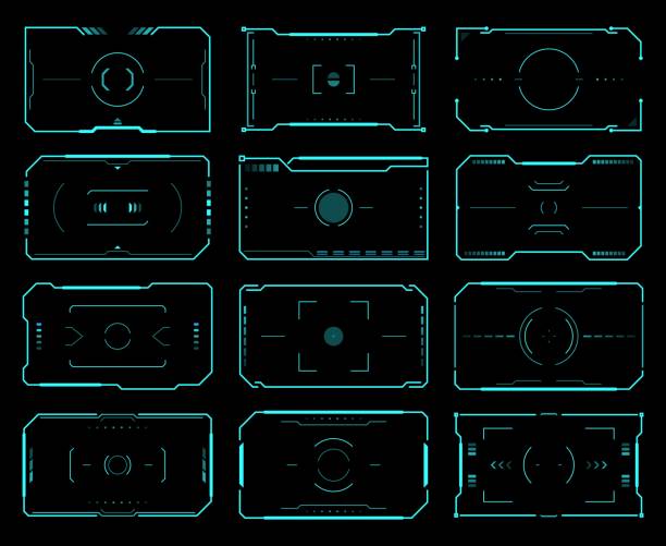 HUD target frames aim control, ski fi UI interface HUD target frames, aim control, ski fi UI interface. Vector futuristic military optical aiming, spaceship crosshair. Modern techno screen elements, collimator sight, gun targets focus range indication military borders stock illustrations