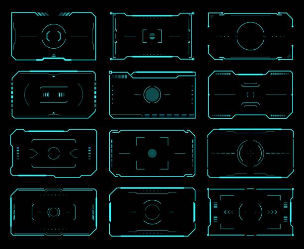 HUD target frames aim control, ski fi UI interface HUD target frames, aim control, ski fi UI interface. Vector futuristic military optical aiming, spaceship crosshair. Modern techno screen elements, collimator sight, gun targets focus range indication hud stock illustrations