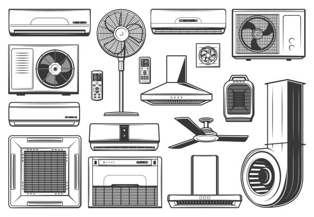 illustrazioni stock, clip art, cartoni animati e icone di tendenza di icone degli apparecchi di condizionamento e ventilazione - exhaust fan