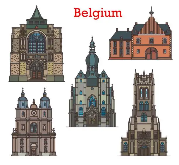 Vector illustration of Belgium landmarks, cathedrals and old architecture