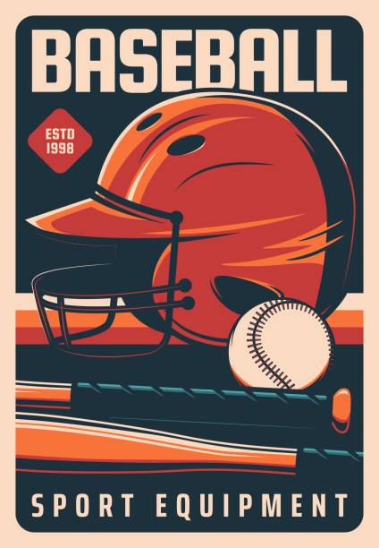 Baseball sport and players equipment bat and ball Baseball retro poster, playoff tournament and sport equipment, vector. American baseball players equipment shop with bat, ball and helmet for championship and victory cup game batting sports activity stock illustrations